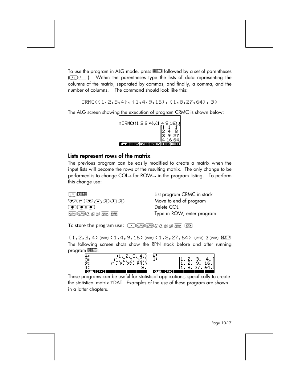 Lists represent rows of the matrix | HP 48gII User Manual | Page 317 / 864
