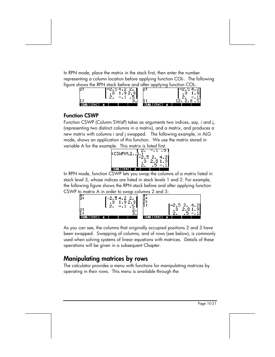 Function cswp, Manipulating matrices by rows | HP 48gII User Manual | Page 321 / 864