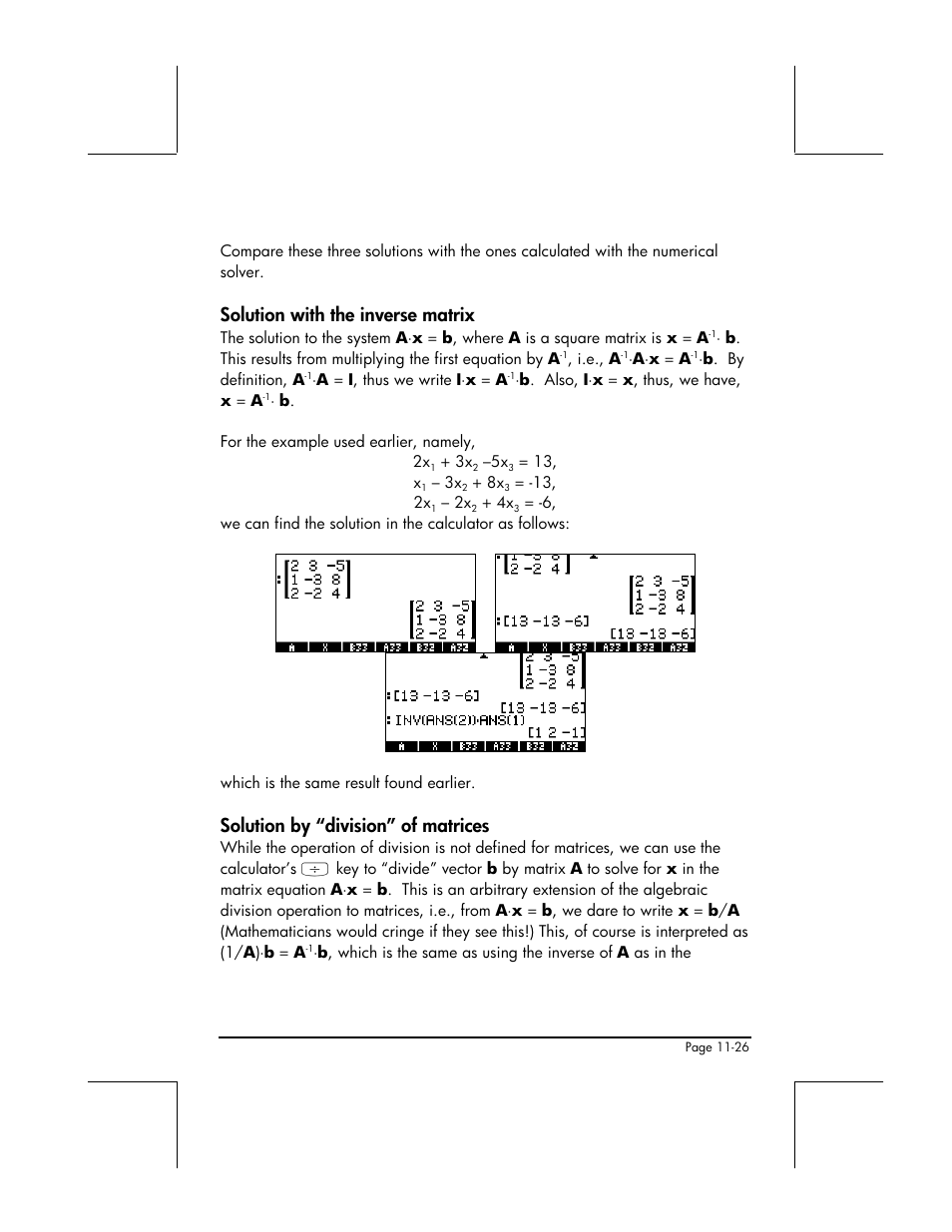 Solution with the inverse matrix, Solution by “division” of matrices | HP 48gII User Manual | Page 352 / 864