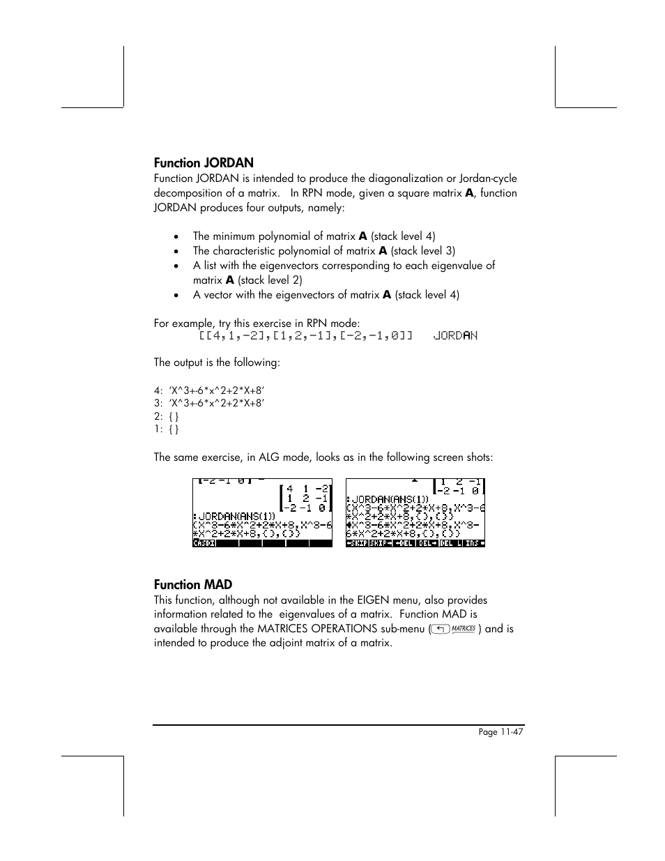 Function jordan, Function mad | HP 48gII User Manual | Page 373 / 864
