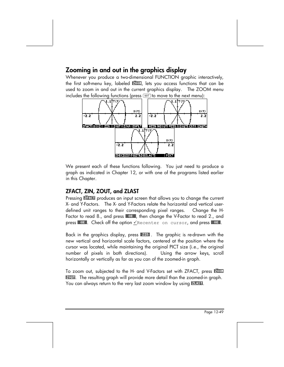 Zooming in and out in the graphics display, Zfact, zin, zout, and zlast | HP 48gII User Manual | Page 430 / 864