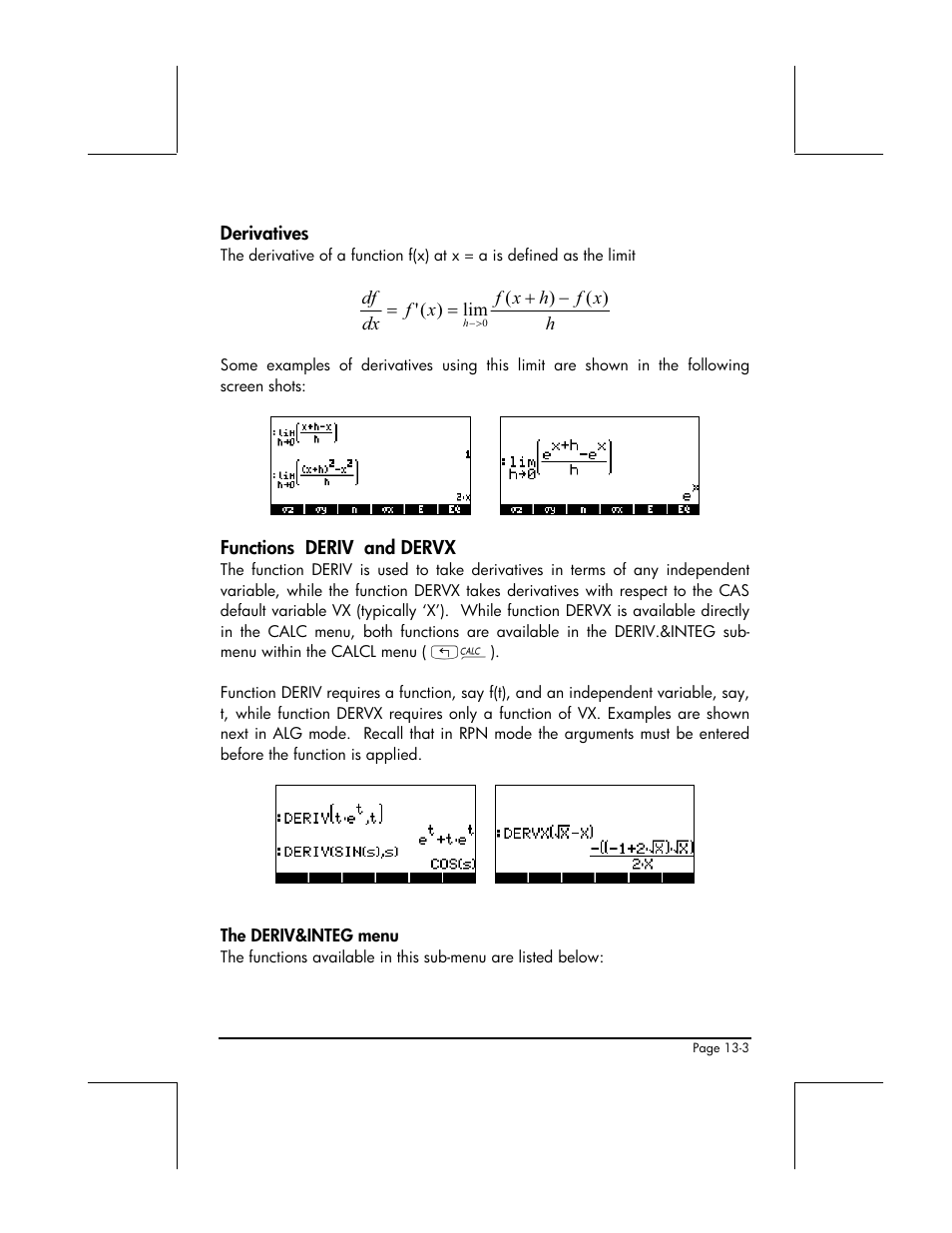 Derivatives, Functions deriv and dervx, The deriv&integ menu | HP 48gII User Manual | Page 438 / 864