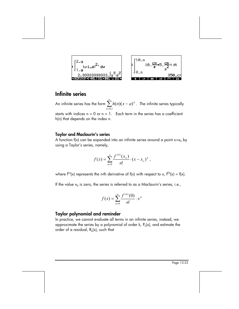 Infinite series, Taylor and maclaurin’s series, Taylor polynomial and reminder | HP 48gII User Manual | Page 458 / 864