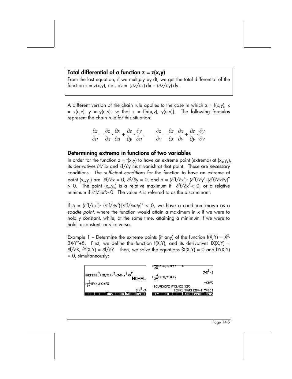 Total differential of a function z = z(x,y), Determining extrema in functions of two variables | HP 48gII User Manual | Page 466 / 864
