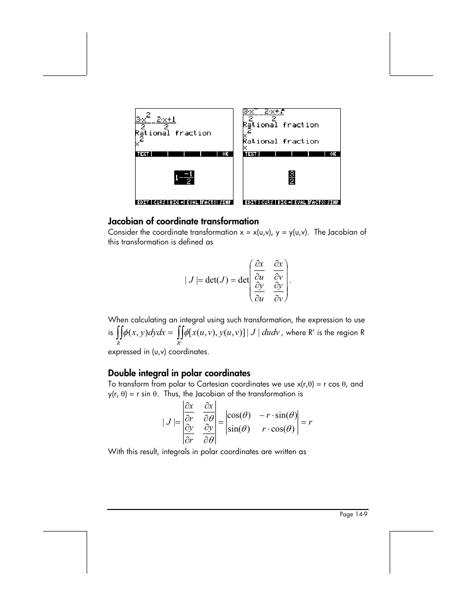 Jacobian of coordinate transformation, Double integral in polar coordinates | HP 48gII User Manual | Page 470 / 864