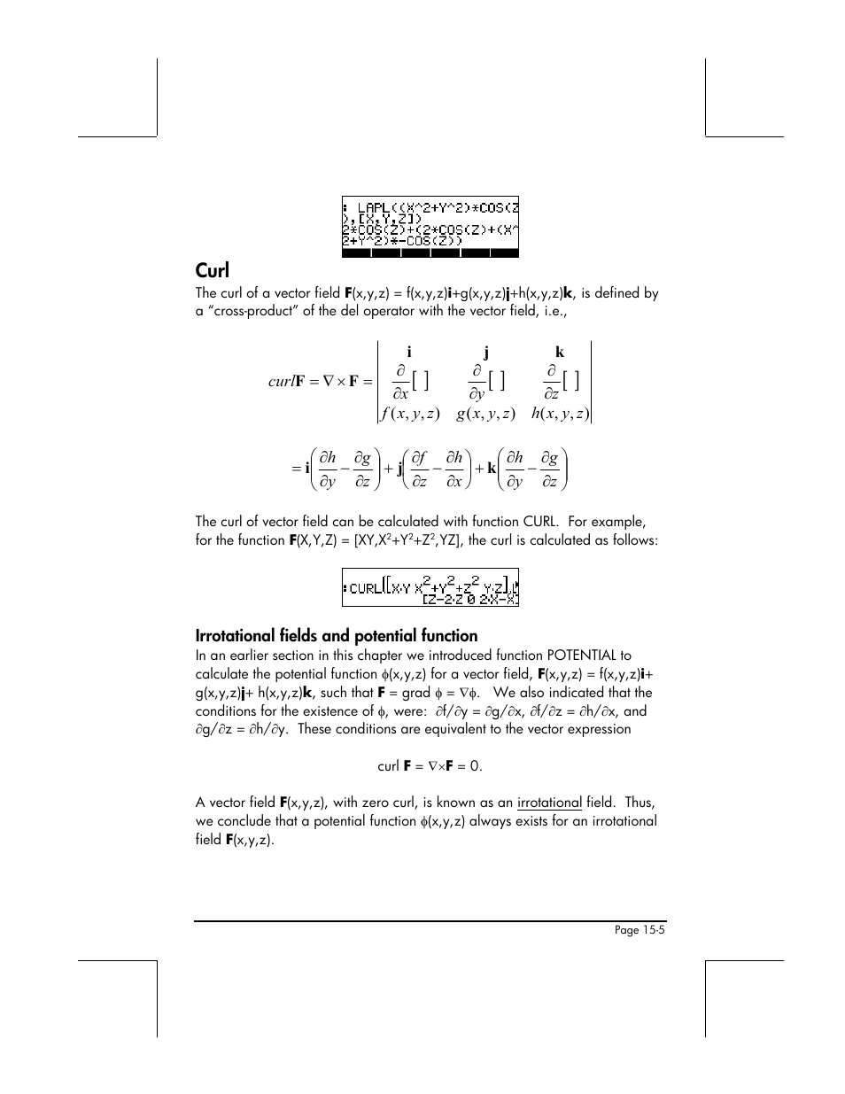 Curl, Irrotational fields and potential function | HP 48gII User Manual | Page 476 / 864