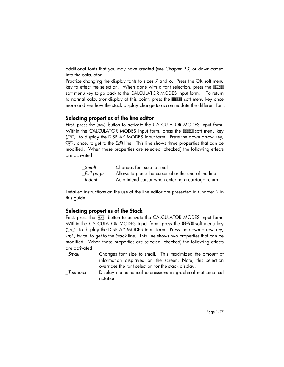Selecting properties of the line editor, Selecting properties of the stack | HP 48gII User Manual | Page 56 / 864
