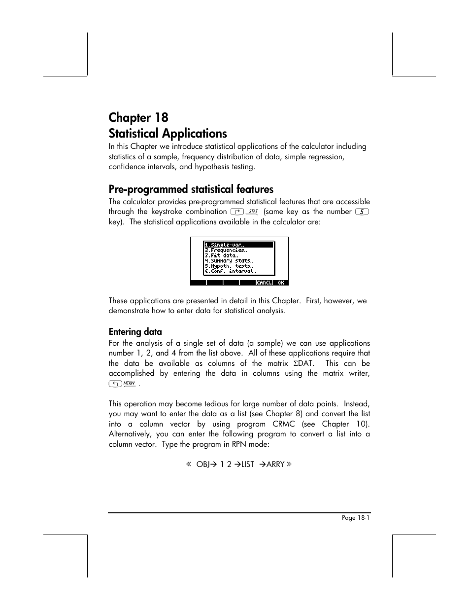 Chapter 18 statistical applications, Pre-programmed statistical features, Entering data | HP 48gII User Manual | Page 572 / 864