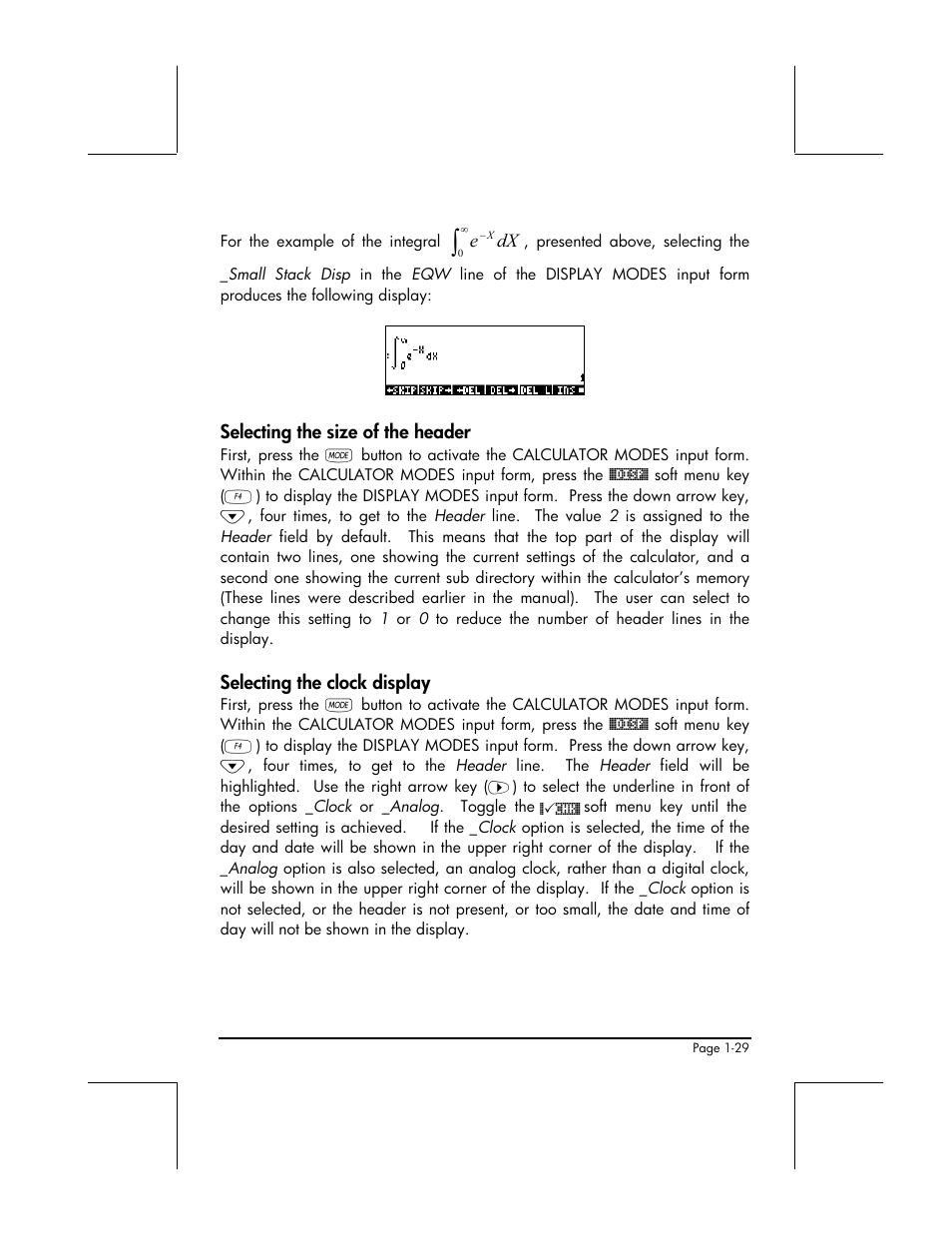 Selecting the size of the header, Selecting the clock display | HP 48gII User Manual | Page 58 / 864