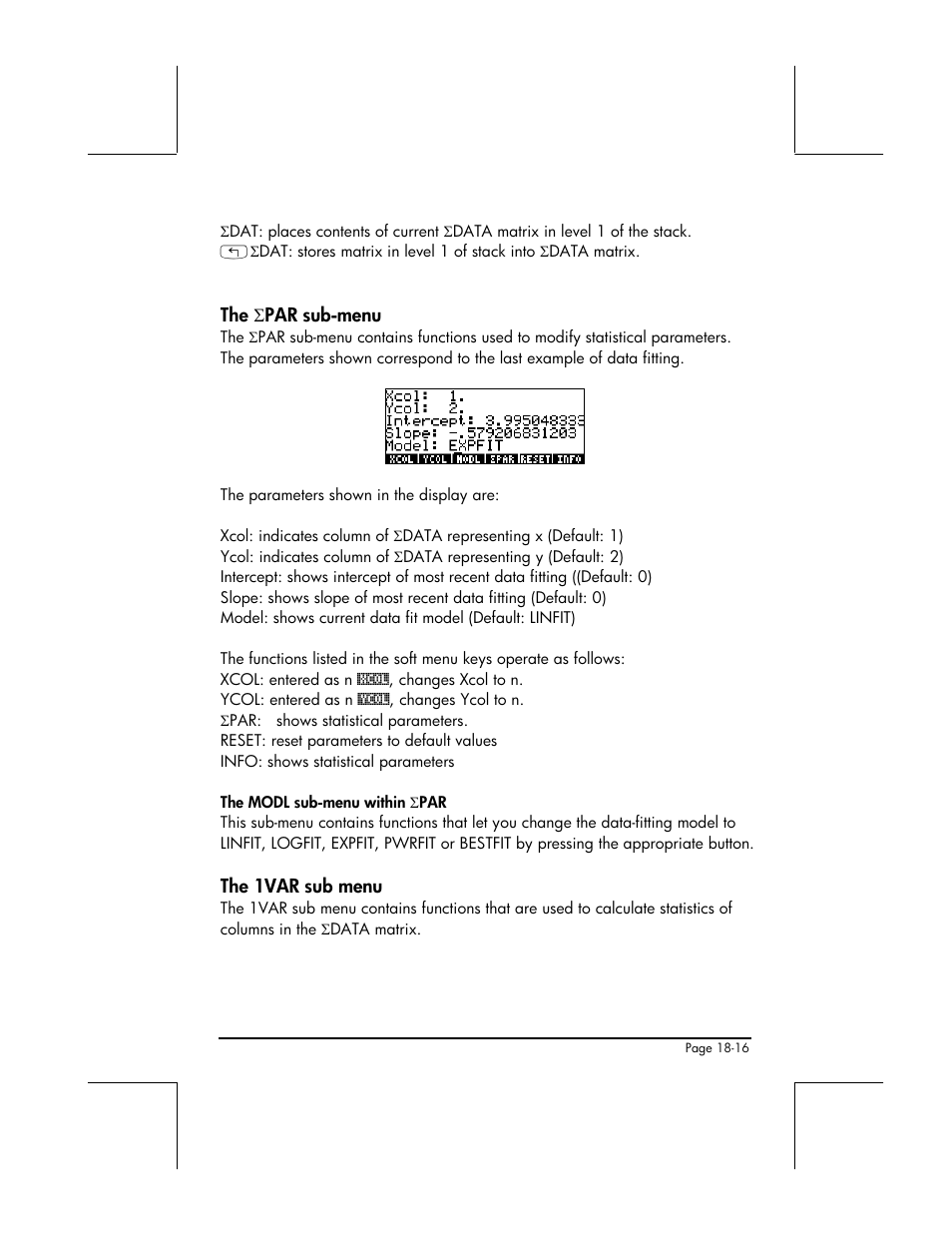 The σpar sub-menu, The 1var sub menu | HP 48gII User Manual | Page 587 / 864