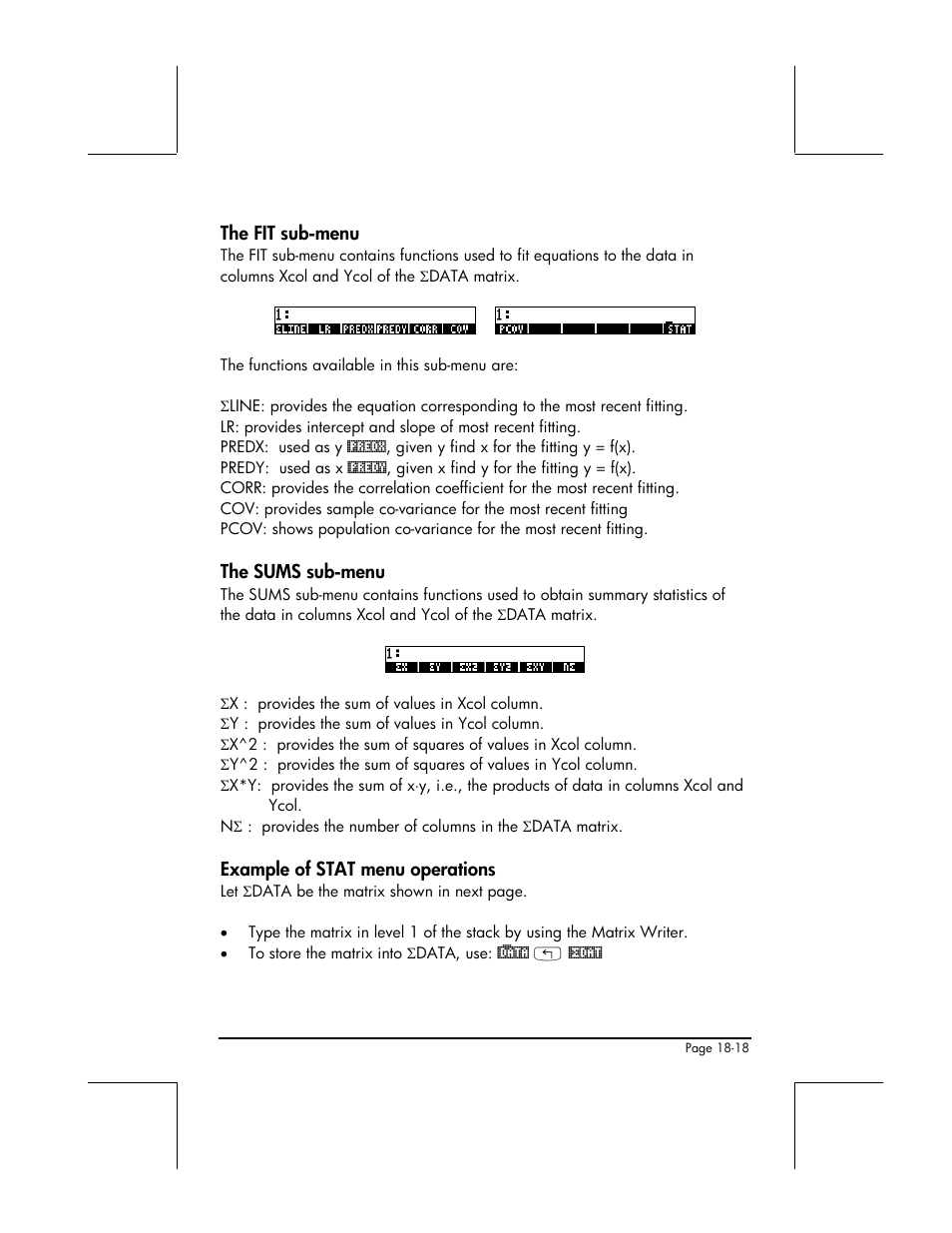 The fit sub-menu, The sums sub-menu, Example of stat menu operations | HP 48gII User Manual | Page 589 / 864