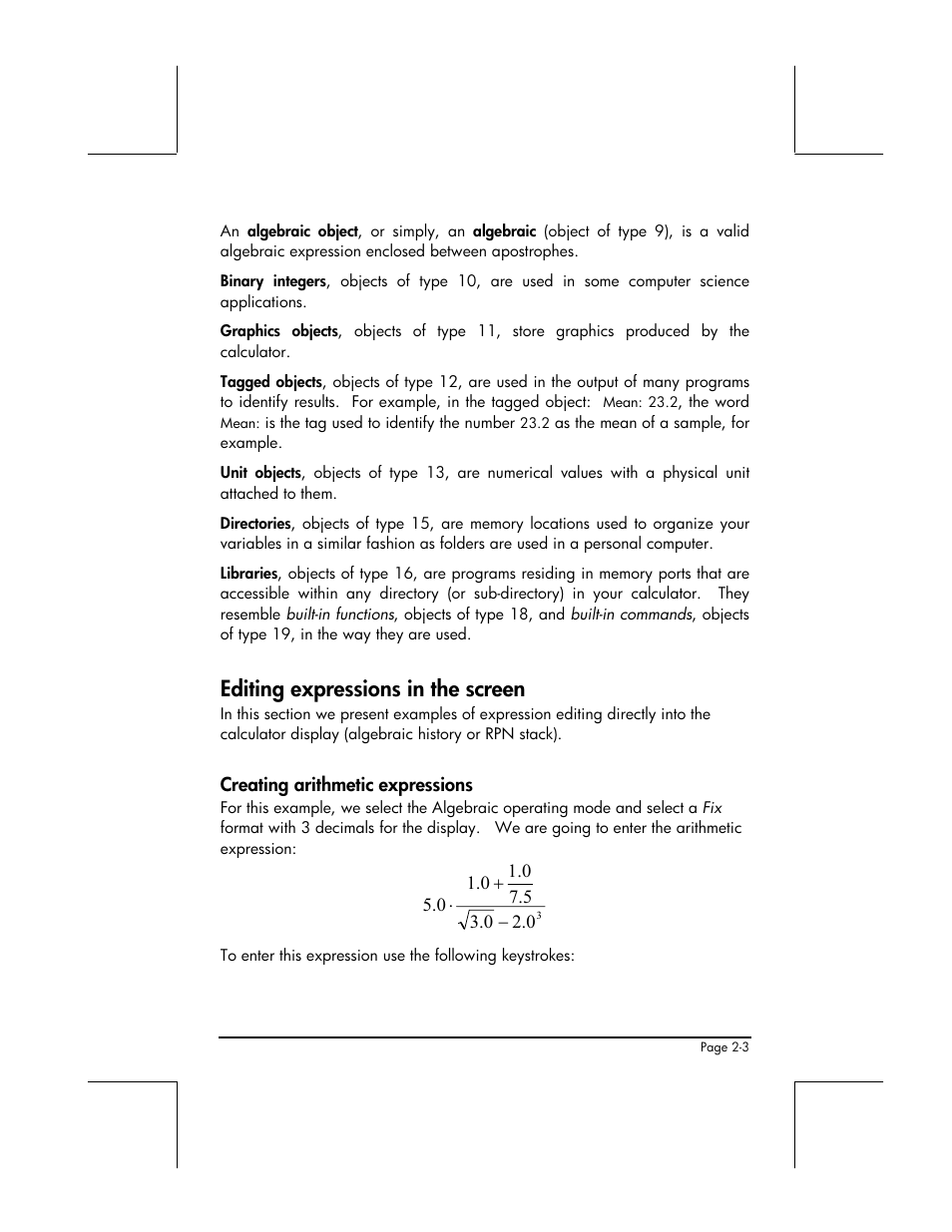 Editing expressions in the screen, Creating arithmetic expressions | HP 48gII User Manual | Page 61 / 864