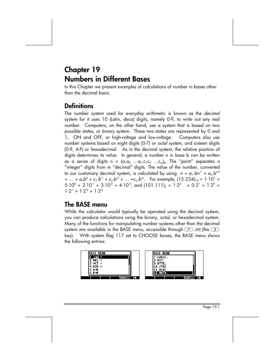 Chapter 19 numbers in different bases, Definitions, The base menu | HP 48gII User Manual | Page 636 / 864
