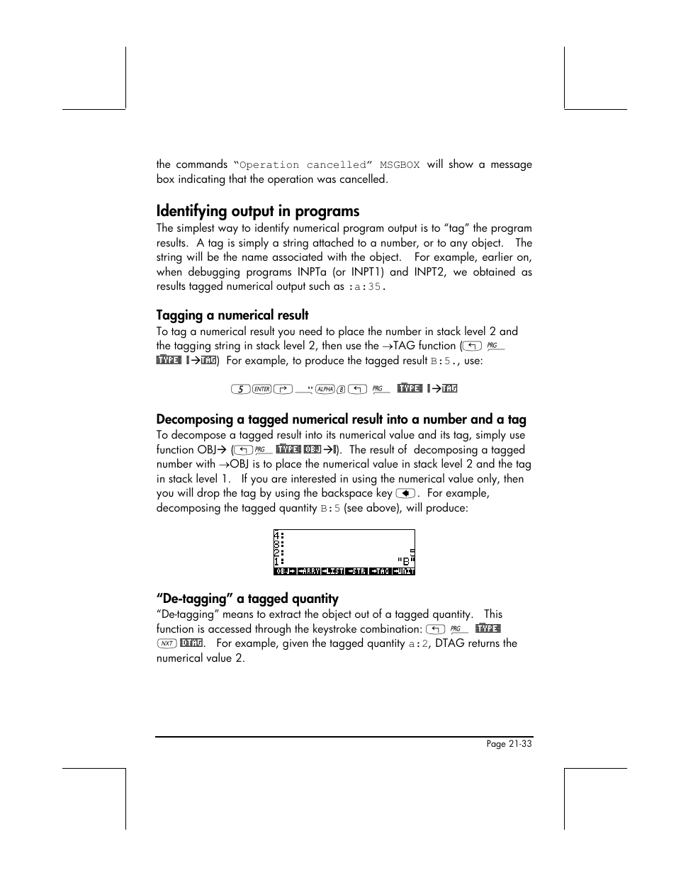 Identifying output in programs, Tagging a numerical result, De-tagging” a tagged quantity | HP 48gII User Manual | Page 682 / 864