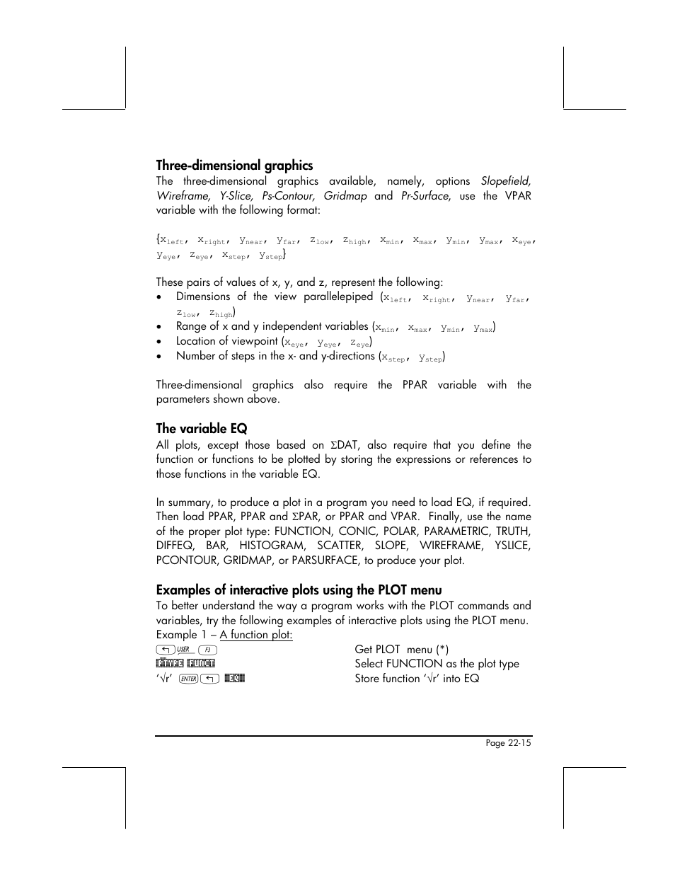 Three-dimensional graphics, The variable eq, Examples of interactive plots using the plot menu | HP 48gII User Manual | Page 731 / 864