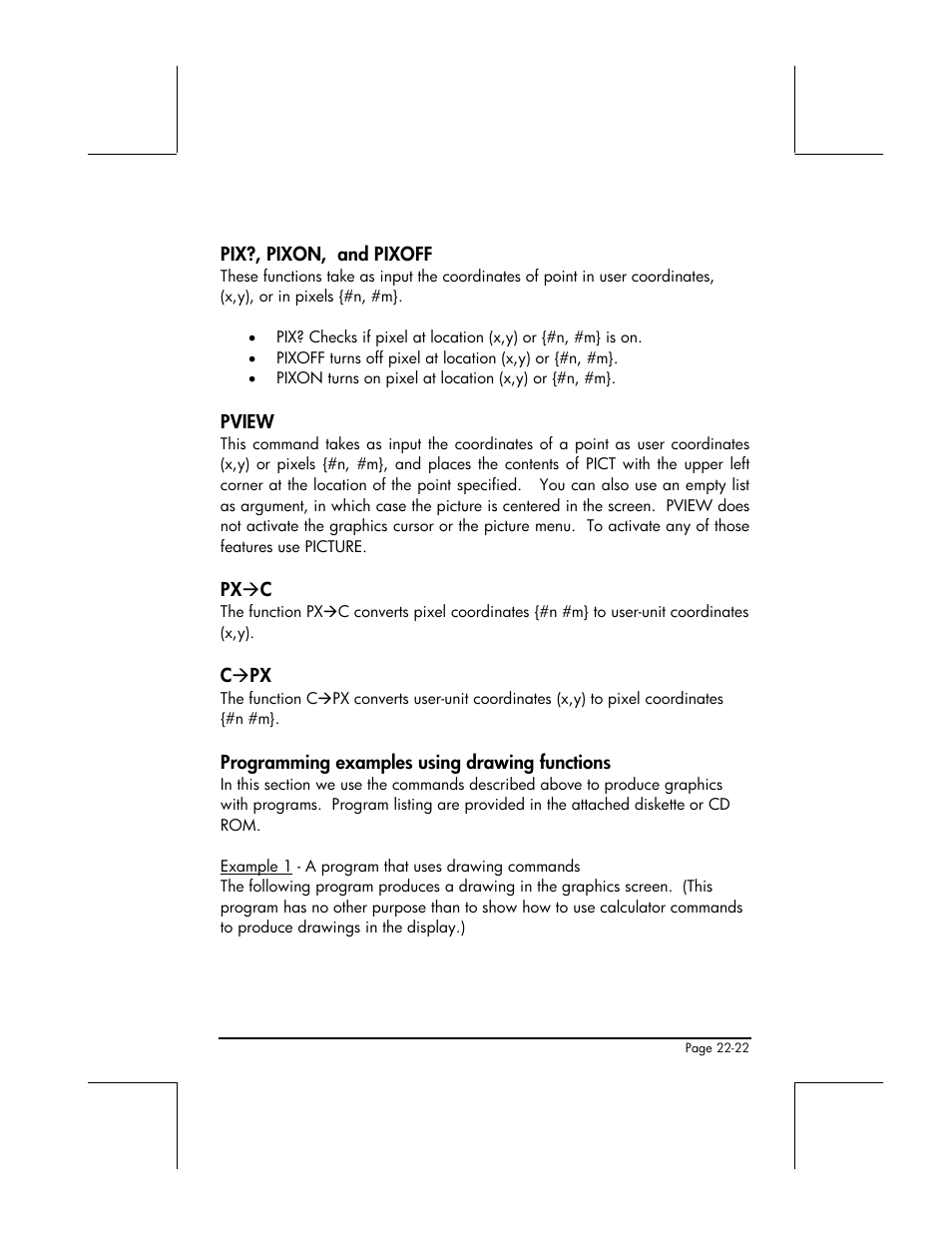Pix?, pixon, and pixoff, Pview, Px → c | C → px, Programming examples using drawing functions | HP 48gII User Manual | Page 738 / 864