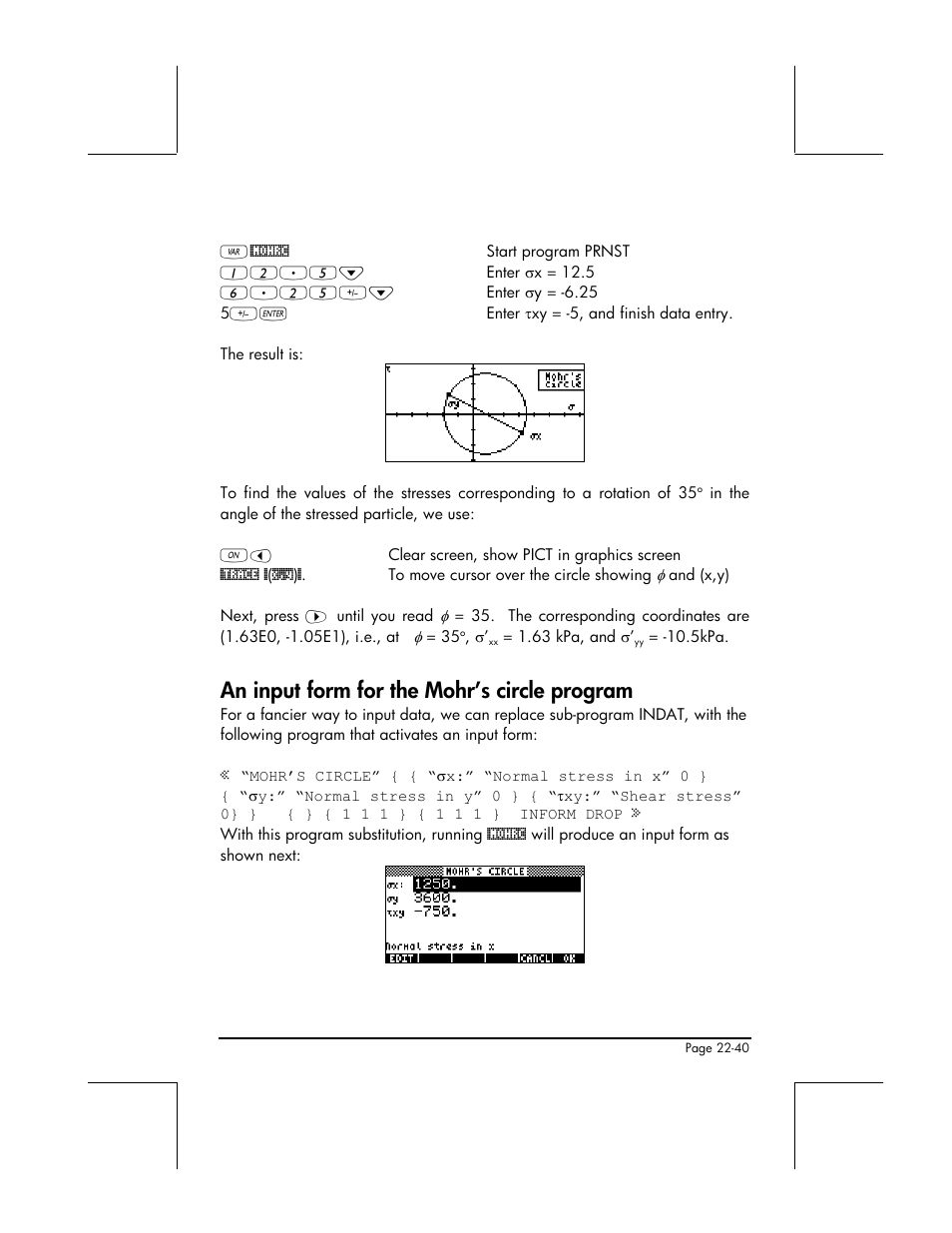 An input form for the mohr’s circle program | HP 48gII User Manual | Page 756 / 864