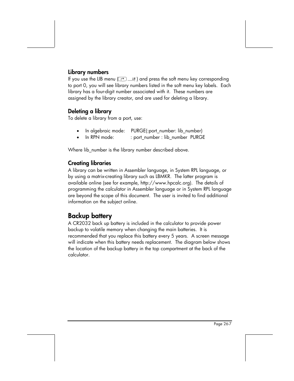 Library numbers, Deleting a library, Creating libraries | Backup battery | HP 48gII User Manual | Page 776 / 864