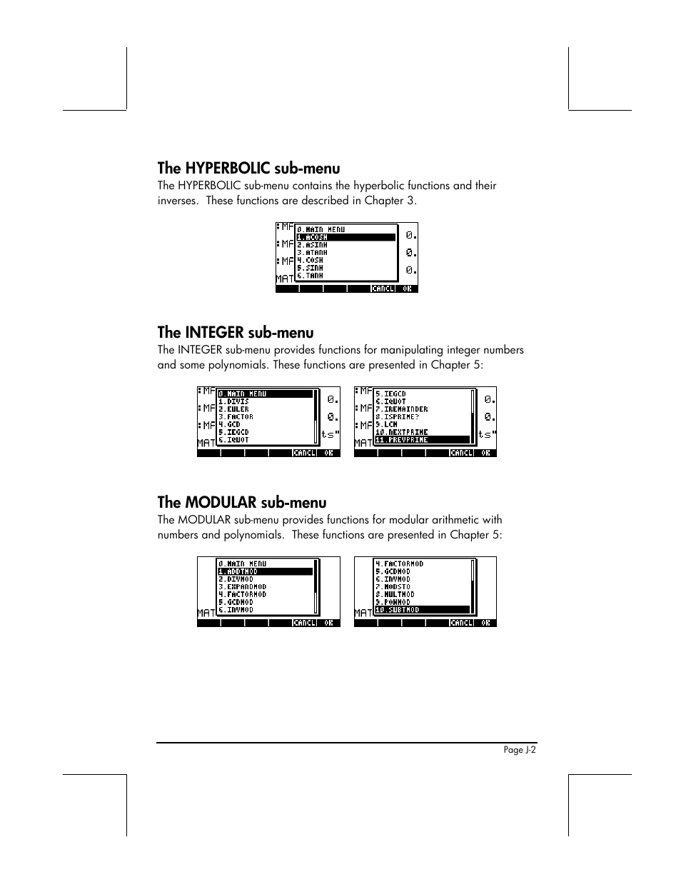 The hyperbolic sub-menu, The integer sub-menu, The modular sub-menu | HP 48gII User Manual | Page 829 / 864