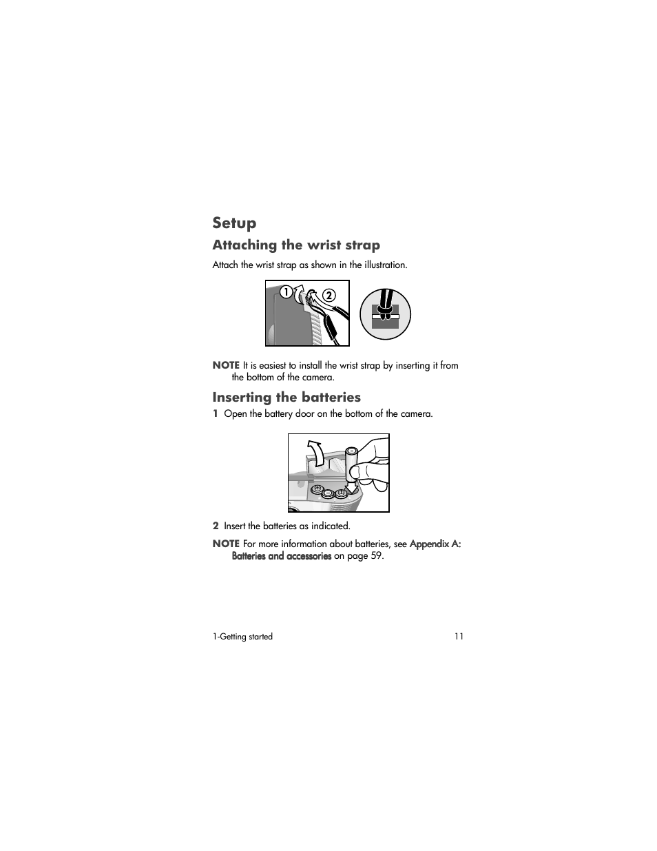 Setup, Attaching the wrist strap, Inserting the batteries | HP 320 User Manual | Page 13 / 80