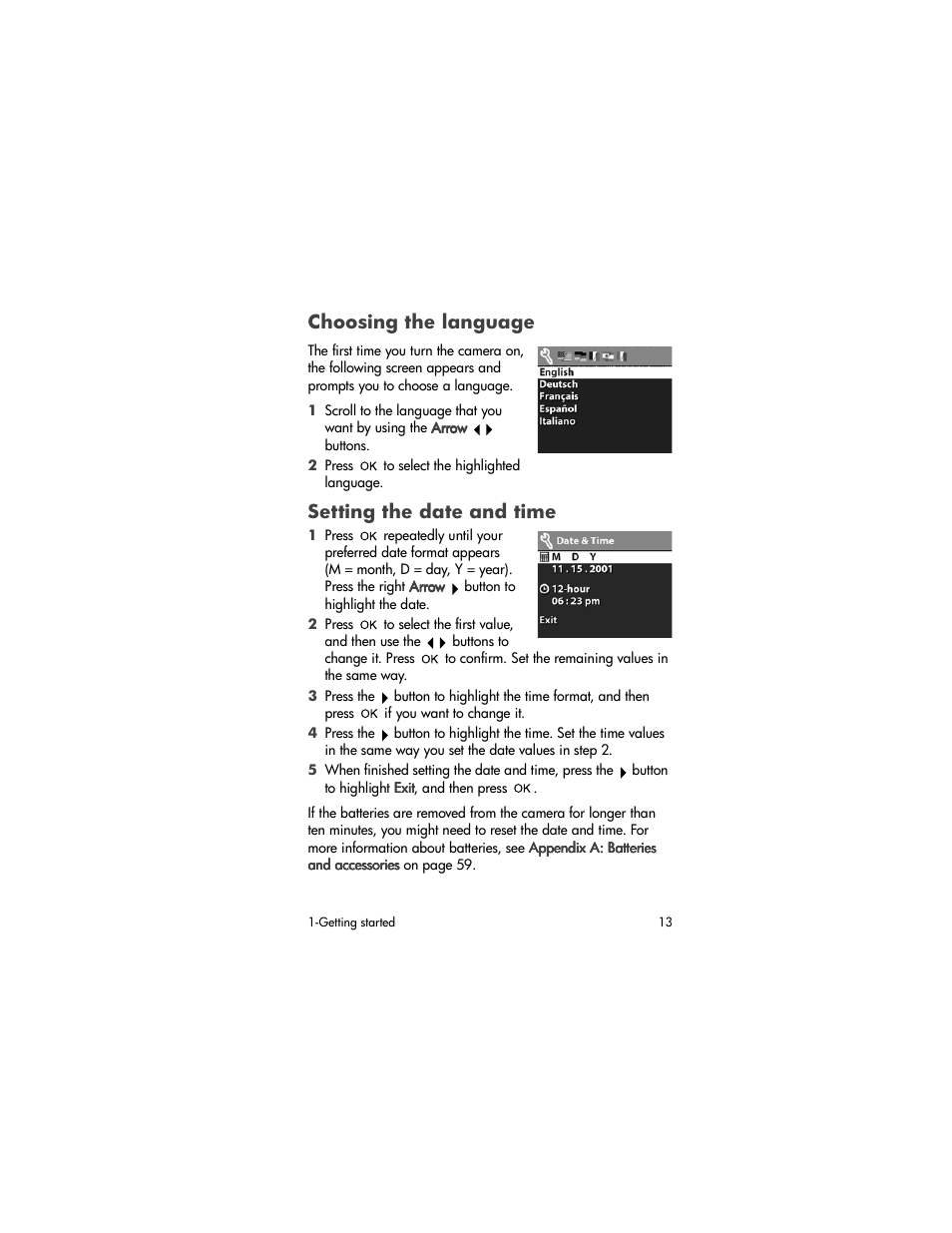 Choosing the language, Setting the date and time | HP 320 User Manual | Page 15 / 80
