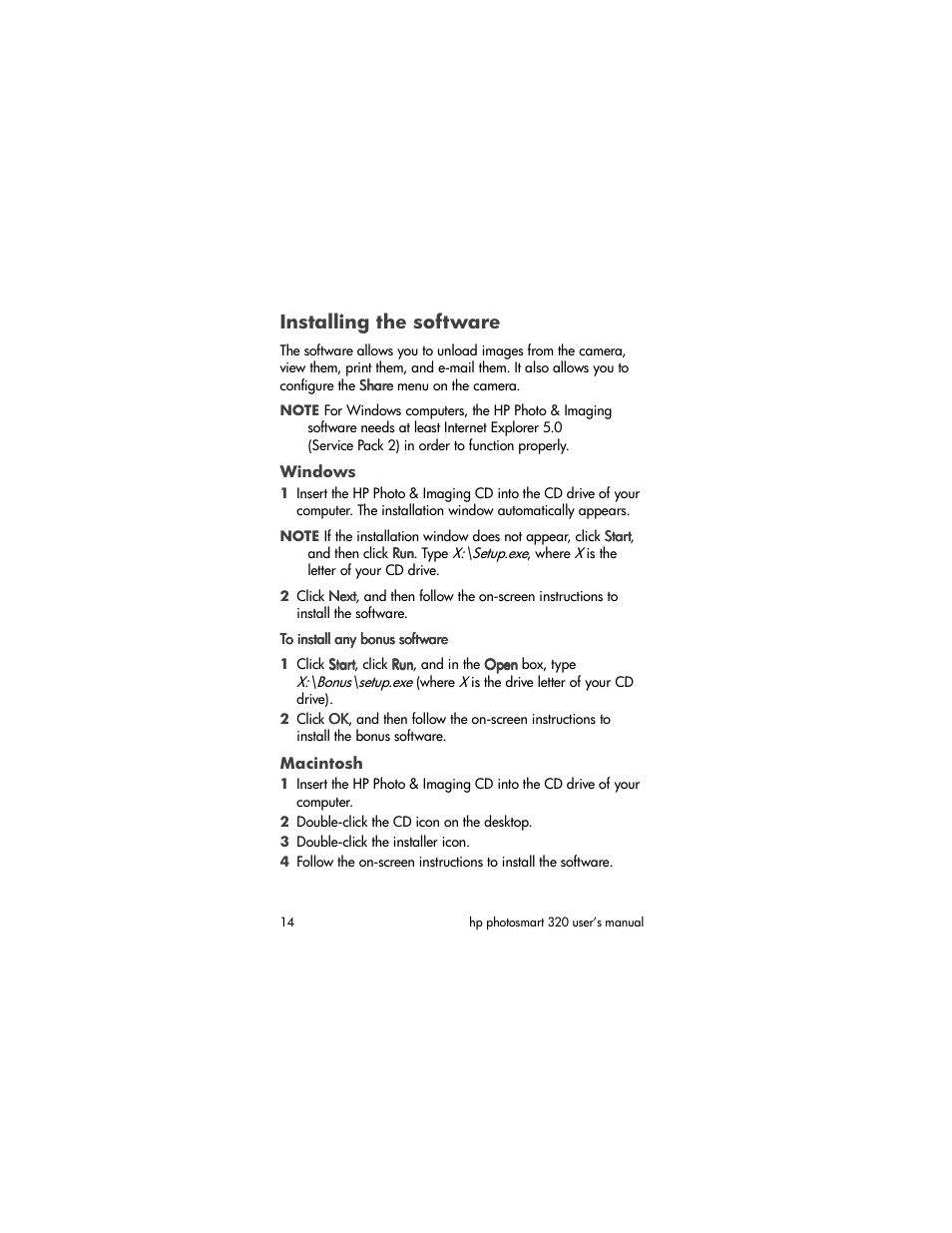 Installing the software | HP 320 User Manual | Page 16 / 80