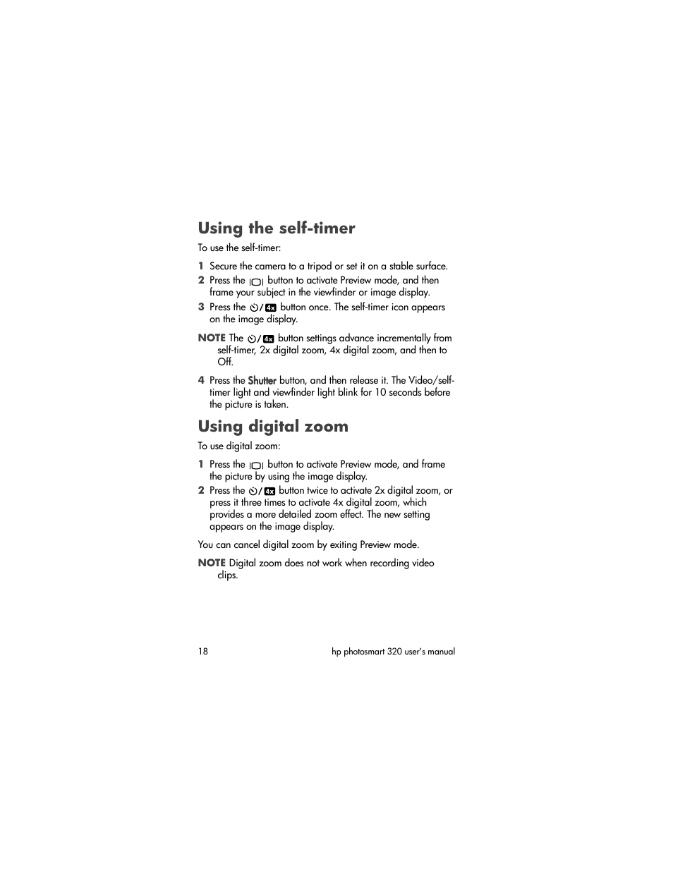 Using the self-timer, Using digital zoom | HP 320 User Manual | Page 20 / 80