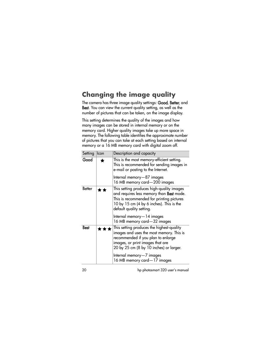 Changing the image quality | HP 320 User Manual | Page 22 / 80