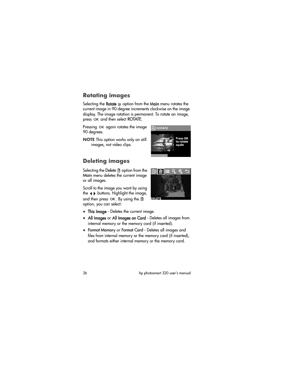 Rotating images, Deleting images | HP 320 User Manual | Page 28 / 80
