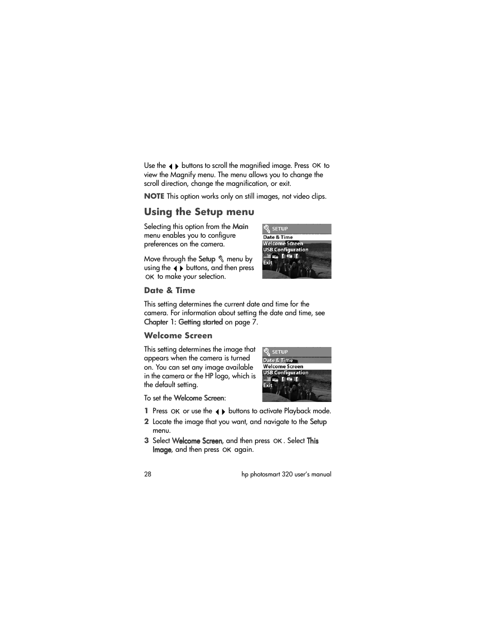 Using the setup menu | HP 320 User Manual | Page 30 / 80