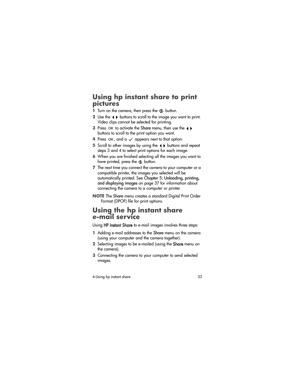 Using hp instant share to print pictures, Using the hp instant share e-mail service | HP 320 User Manual | Page 35 / 80
