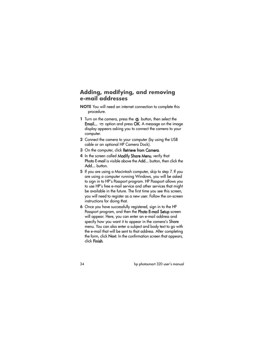Adding, modifying, and removing e-mail addresses | HP 320 User Manual | Page 36 / 80