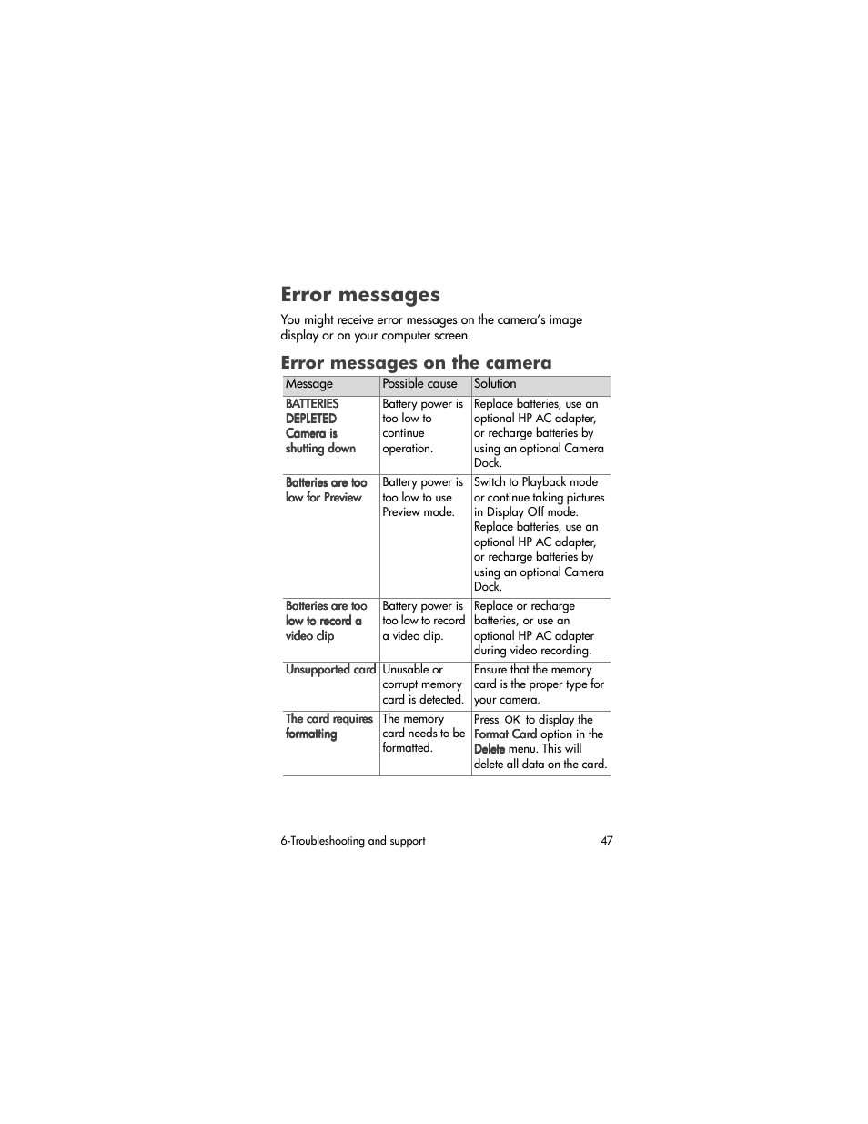 Error messages, Error messages on the camera | HP 320 User Manual | Page 49 / 80