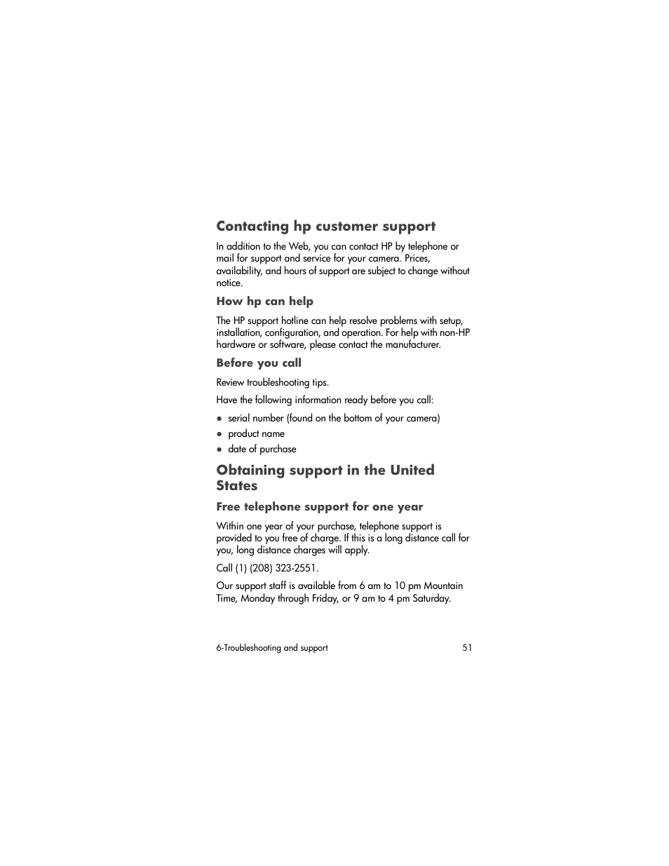 Contacting hp customer support, Obtaining support in the united states | HP 320 User Manual | Page 53 / 80