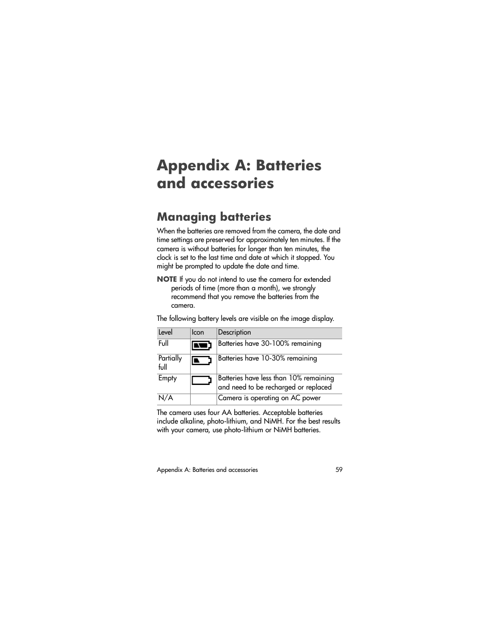Appendix a: batteries and accessories, Managing batteries | HP 320 User Manual | Page 61 / 80