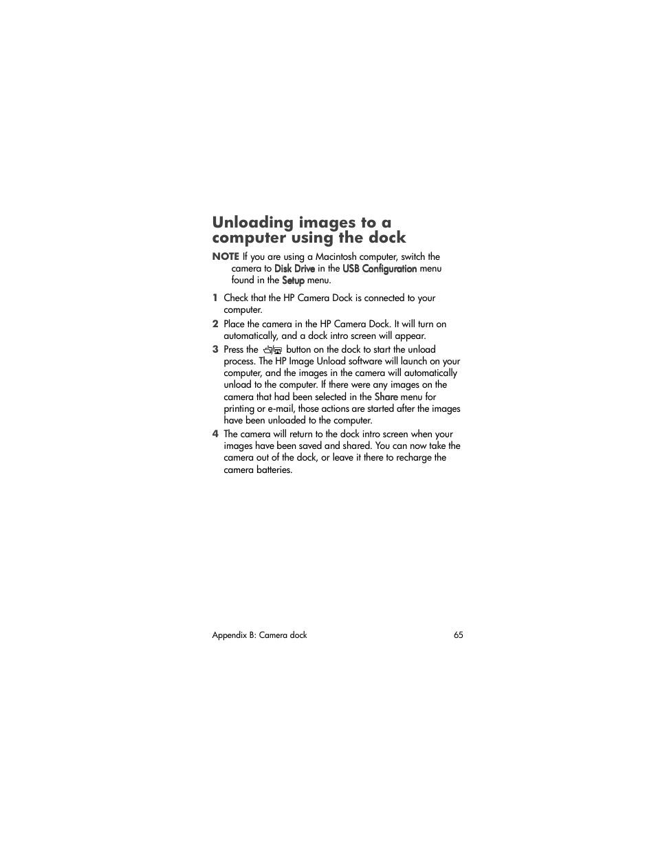 Unloading images to a computer using the dock | HP 320 User Manual | Page 67 / 80