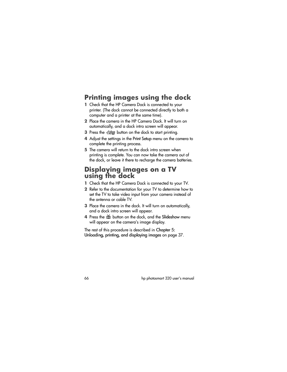 Printing images using the dock, Displaying images on a tv using the dock | HP 320 User Manual | Page 68 / 80
