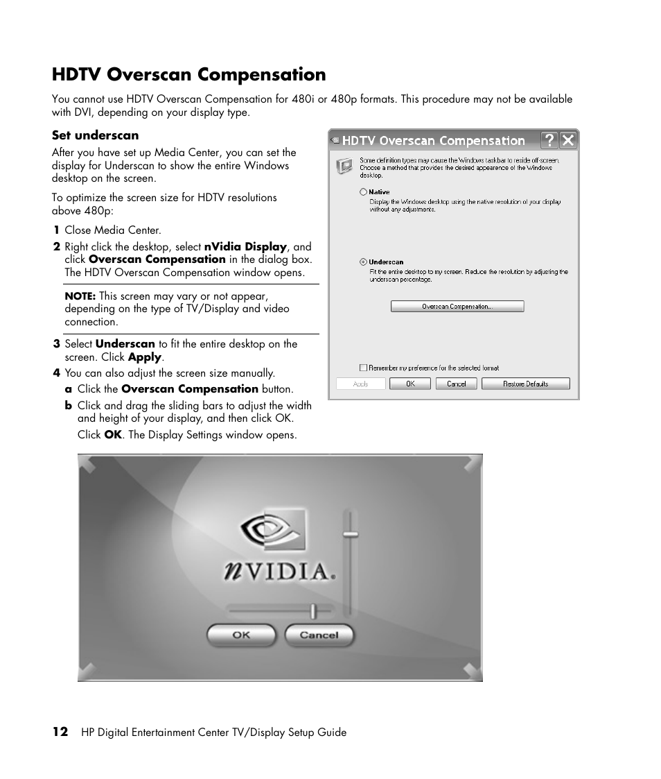 Hdtv overscan compensation | HP z558 User Manual | Page 16 / 40