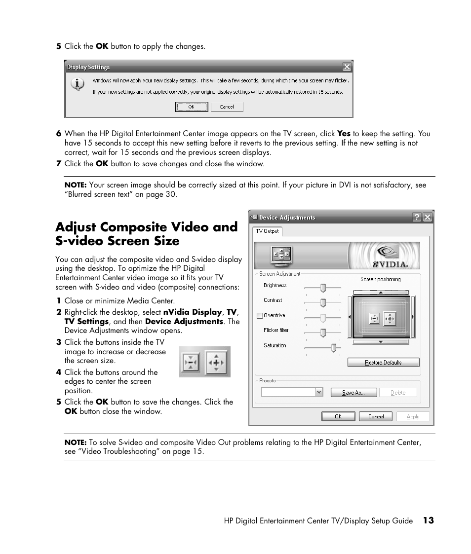 Adjust composite video and s-video screen size | HP z558 User Manual | Page 17 / 40