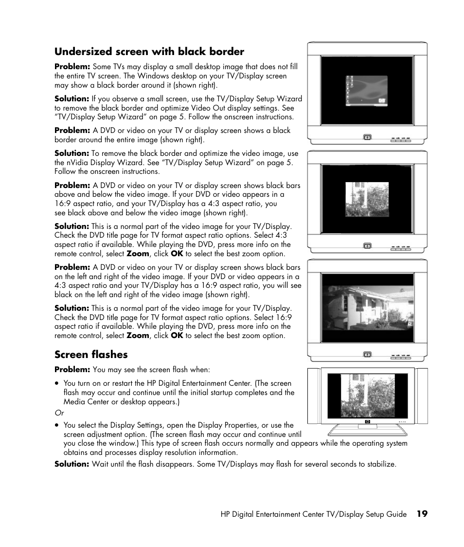 Undersized screen with black border, Screen flashes | HP z558 User Manual | Page 23 / 40