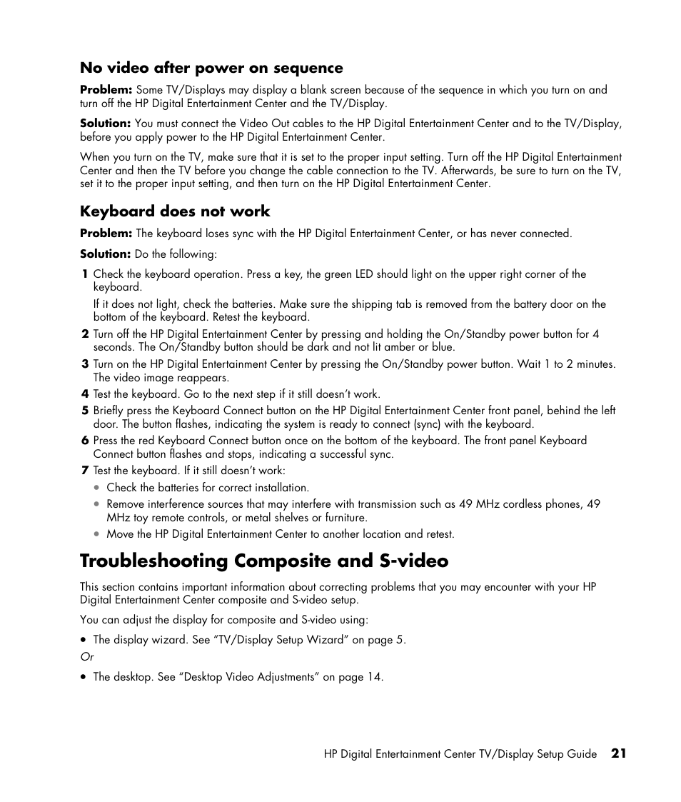 Troubleshooting composite and s-video, No video after power on sequence, Keyboard does not work | HP z558 User Manual | Page 25 / 40