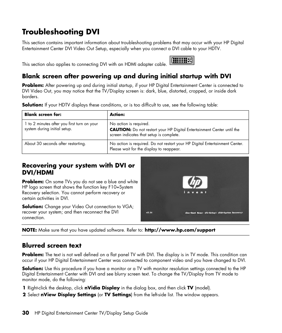 Troubleshooting dvi, Recovering your system with dvi or dvi/hdmi, Blurred screen text | HP z558 User Manual | Page 34 / 40