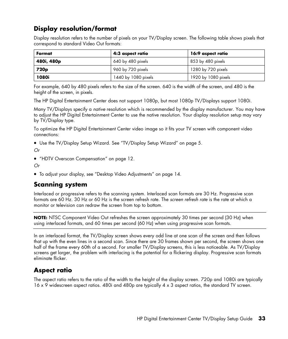 Display resolution/format, Scanning system, Aspect ratio | HP z558 User Manual | Page 37 / 40