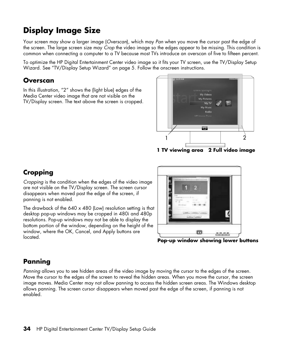 Display image size, Overscan, Cropping | Panning | HP z558 User Manual | Page 38 / 40