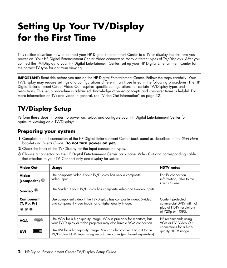 Setting up your tv/display for the first time, Tv/display setup, Preparing your system | HP z558 User Manual | Page 6 / 40