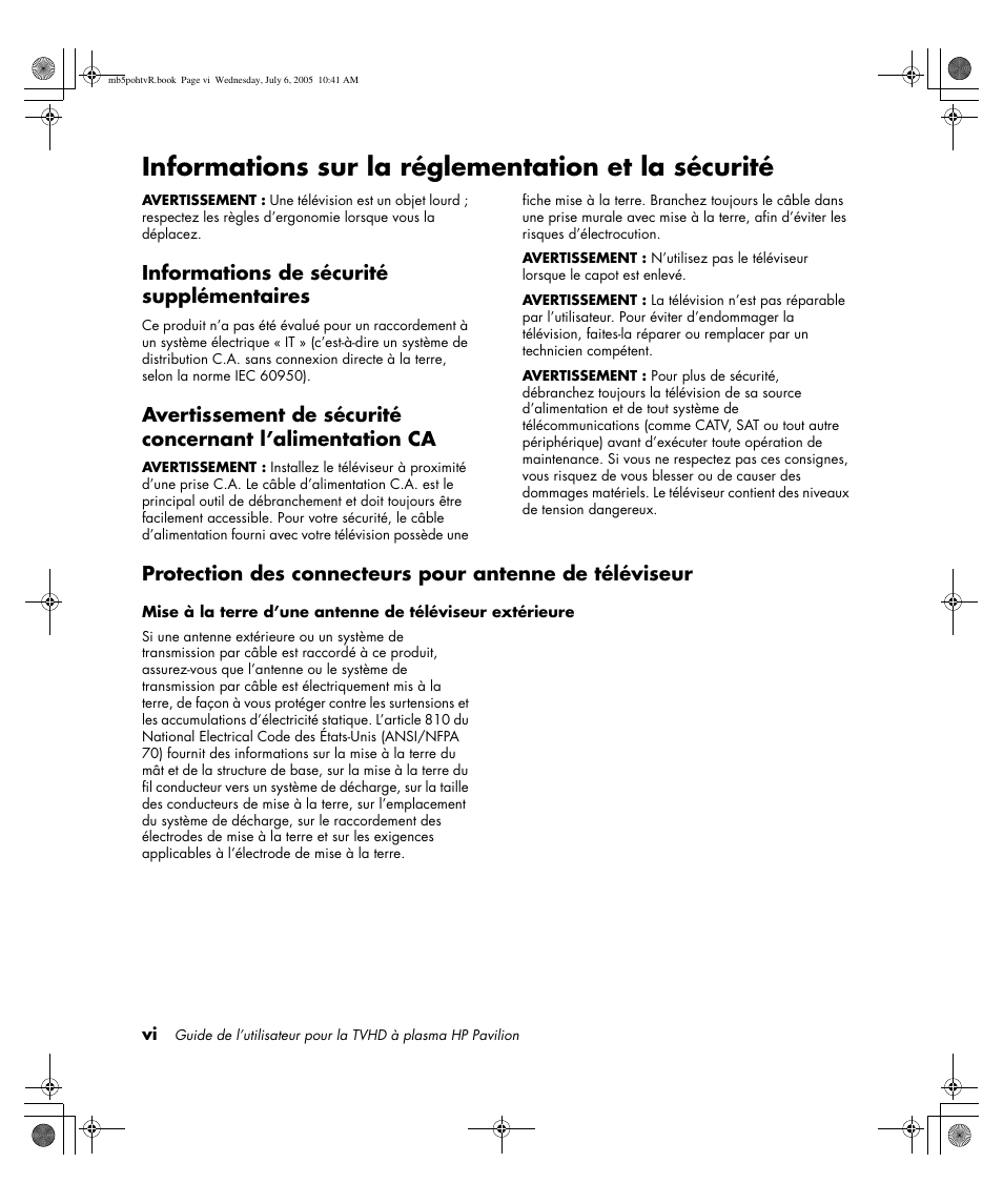 Informations sur la réglementation et la sécurité, Informations de sécurité supplémentaires | HP PL5000N User Manual | Page 100 / 294