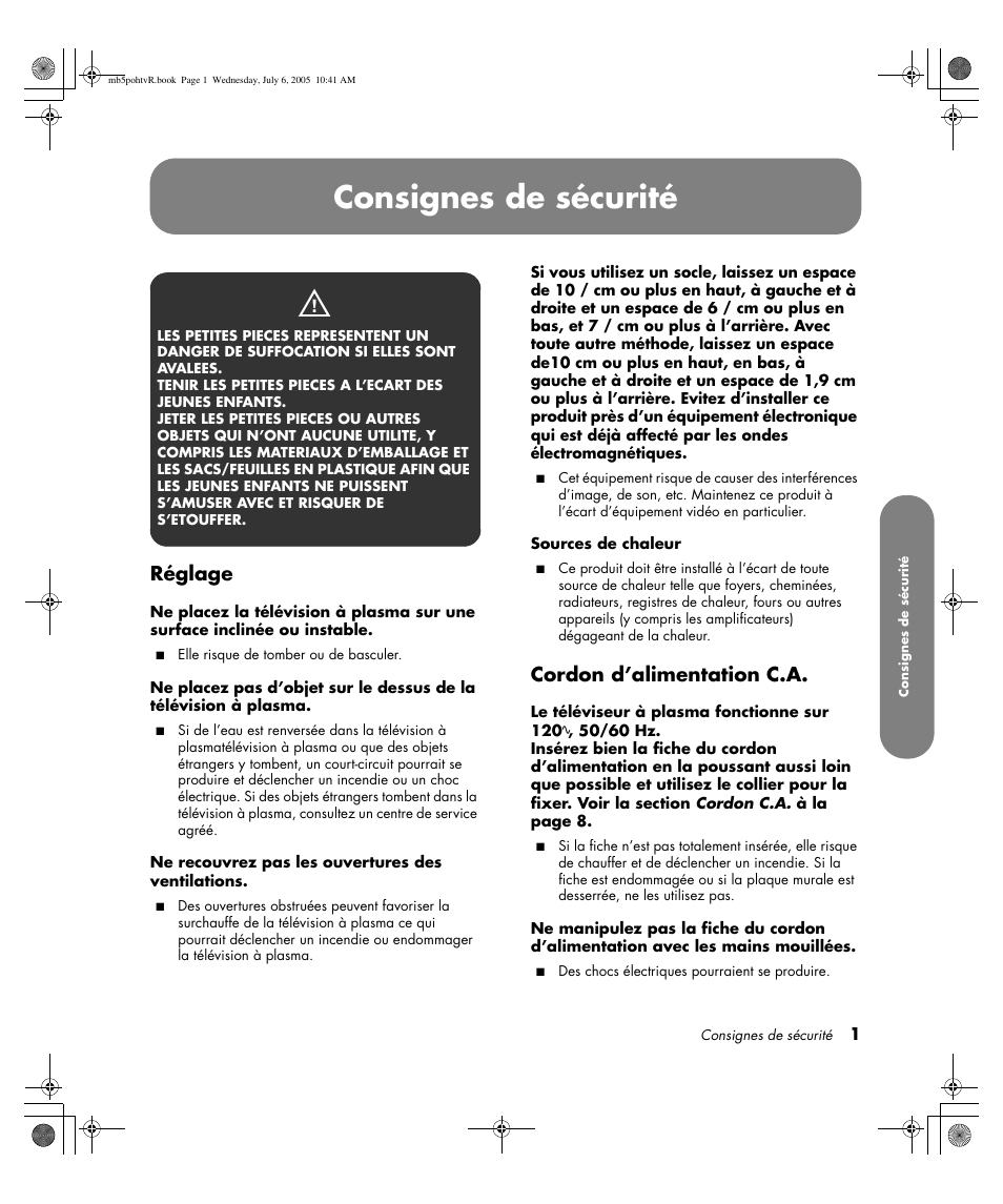 Consignes de sécurité, Réglage, Cordon d’alimentation c.a | HP PL5000N User Manual | Page 105 / 294