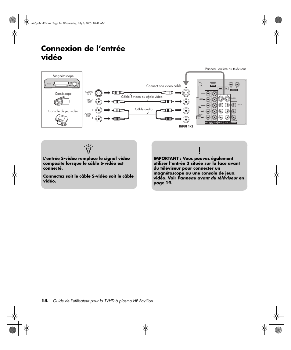 Connexion de l’entrée vidéo, Connect one video cable | HP PL5000N User Manual | Page 118 / 294