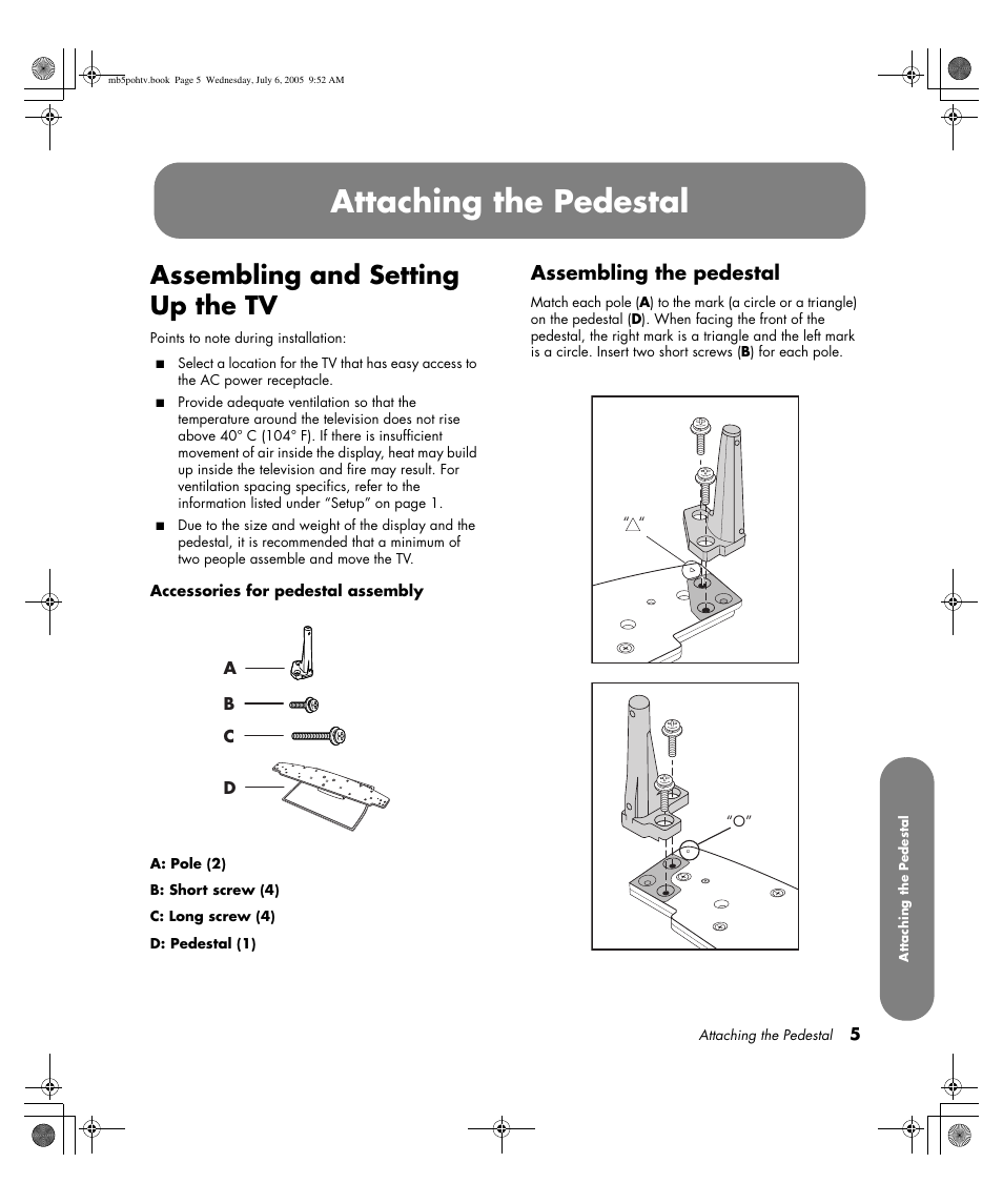 Attaching the pedestal, Assembling and setting up the tv, Assembling the pedestal | HP PL5000N User Manual | Page 13 / 294