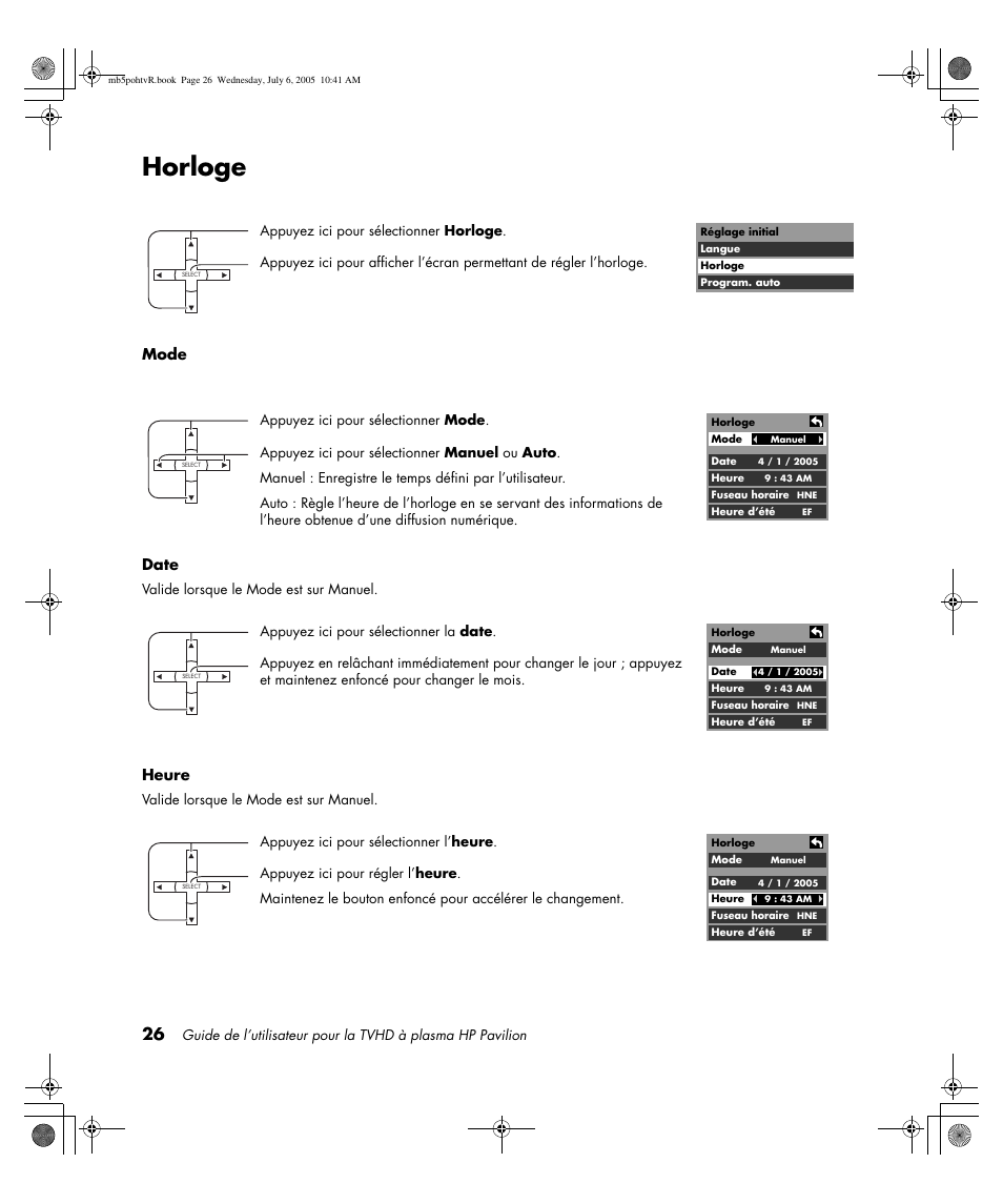 Horloge, Mode date, Heure | HP PL5000N User Manual | Page 130 / 294
